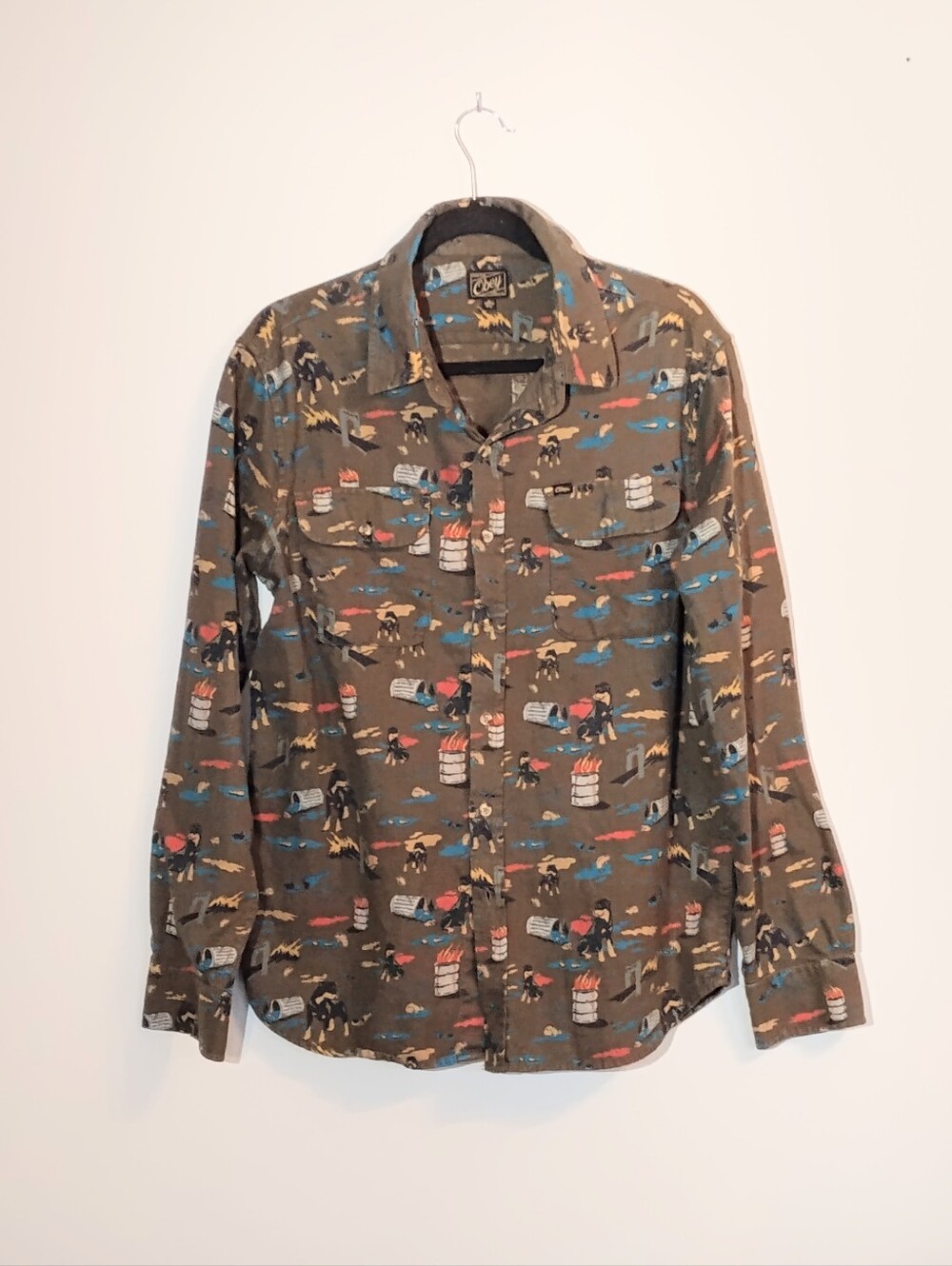 Obey Olive Graphic Casual Cotton Button-Down Shirt with Fun Graphics
